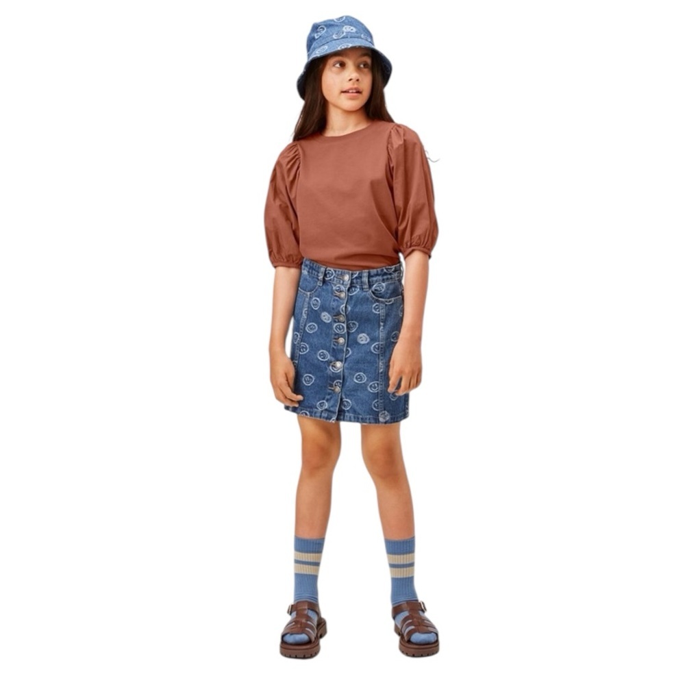 Molo Bera Blue Happiness Denim Mini Skirt Girls Size 16 Smiley Face Button Front